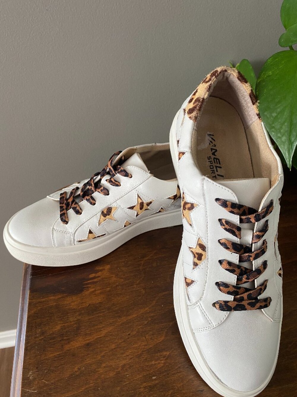 Vaneli Sport White Sneakers with Leopard Accents. Size 8.5 N
